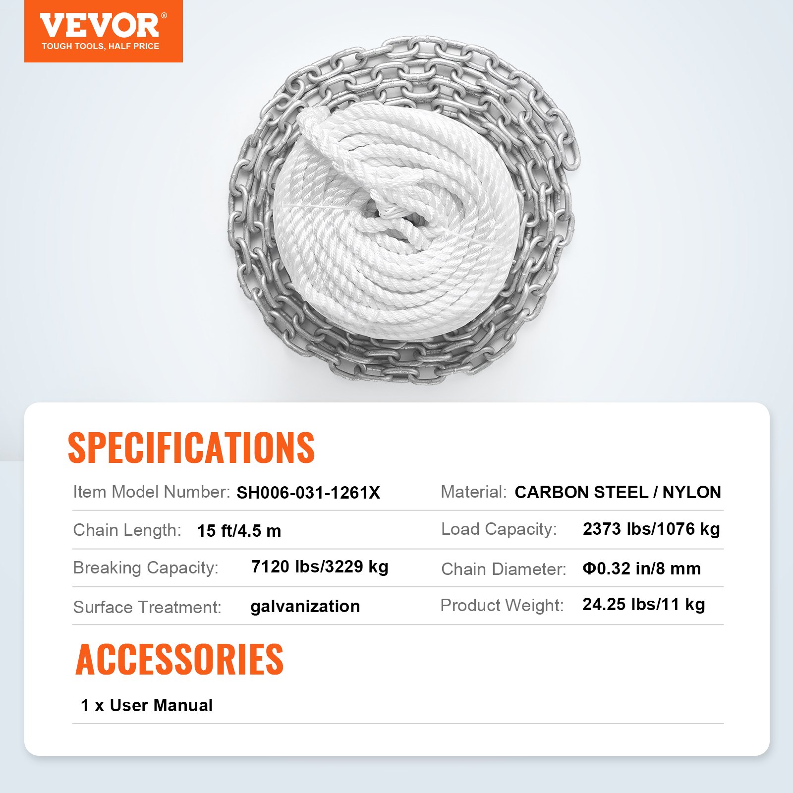 VEVOR Anchor Rode and Chain, 15' x 5/16" Boat Anchor Chain, 1/2" x 200' Nylon Rope, 2.2T Chain Tension Cadena de acero galvanizado, Windlass-Grade Three Strand Twist Nylon, Cadena de ancla para barcos, barcos