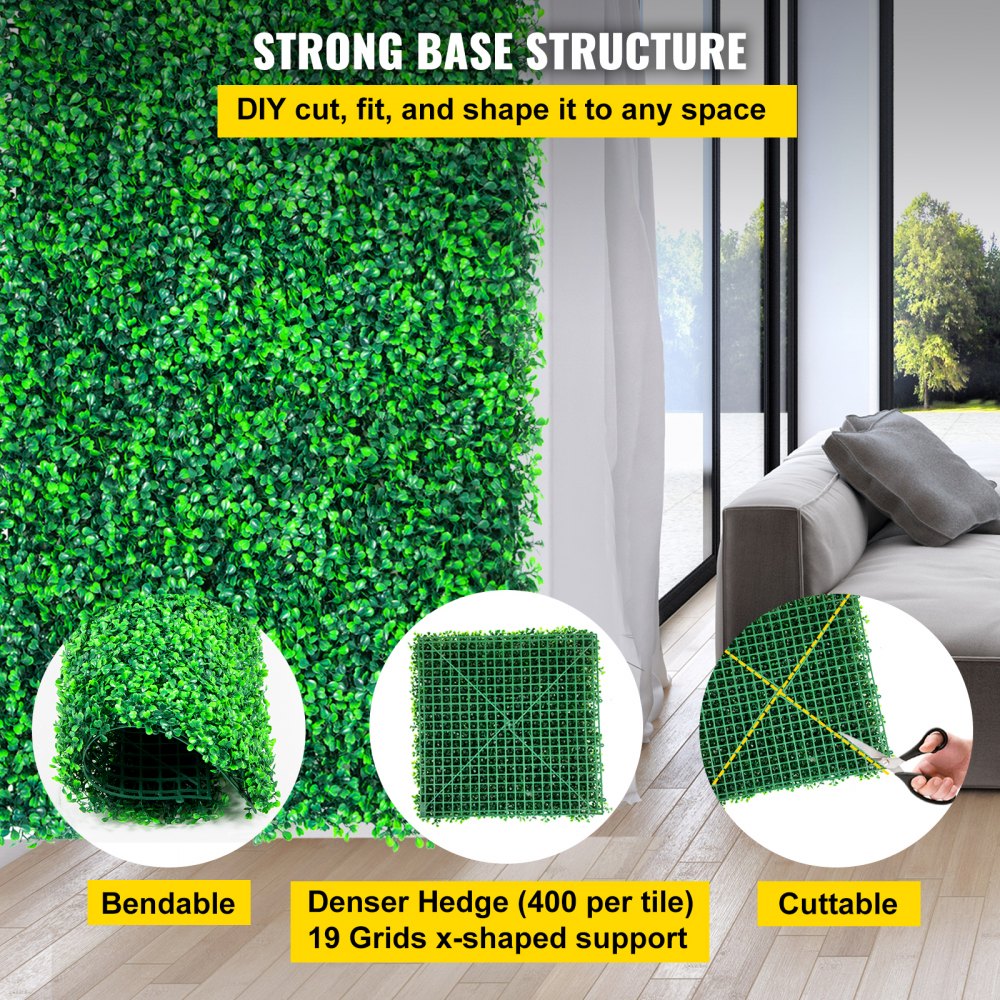 Paneles de boj artificial VEVOR, 20 paneles de boj de 50,8 x 50,8 cm, para setos de pared, césped artificial de polietileno de 4,1 cm, para privacidad y decoración de exteriores, interiores, jardines, cercas y patios.