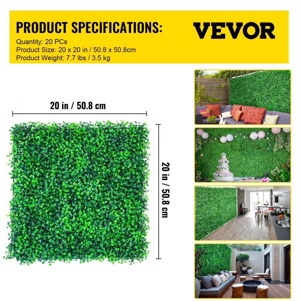 Paneles de boj artificial VEVOR, 20 paneles de boj de 50,8 x 50,8 cm, para setos de pared, césped artificial de polietileno de 4,1 cm, para privacidad y decoración de exteriores, interiores, jardines, cercas y patios.