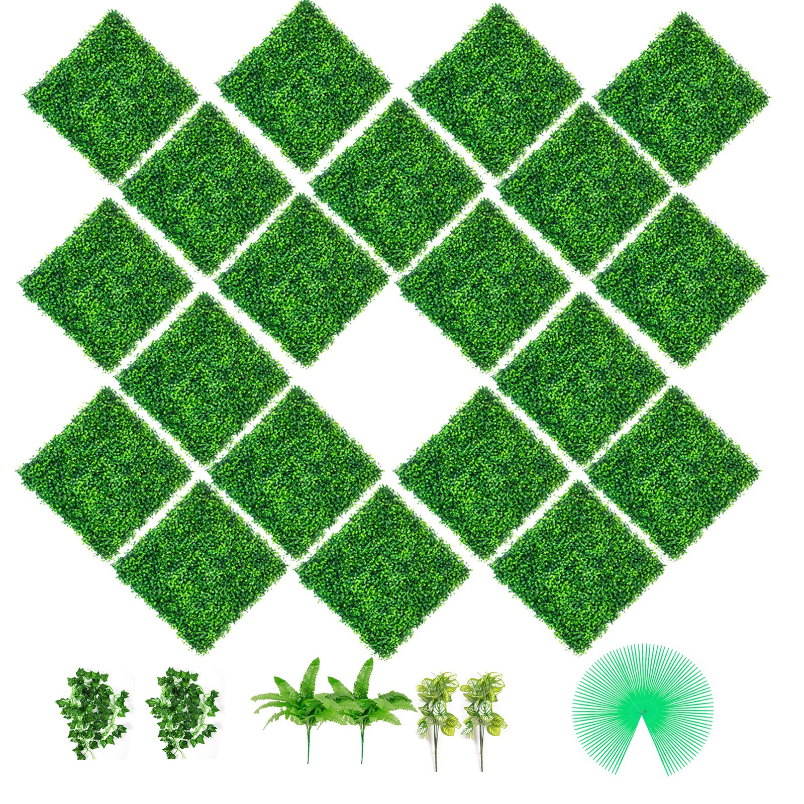 Paneles de boj artificial VEVOR, 20 paneles de boj de 50,8 x 50,8 cm, para setos de pared, césped artificial de polietileno de 4,1 cm, para privacidad y decoración de exteriores, interiores, jardines, cercas y patios.