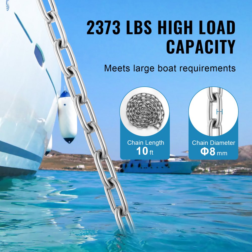 Cadena de ancla VEVOR, cadena de acero inoxidable 316 de 10 pies x 5/16 pulgadas, grillete de cadena de ancla de 3/8 pulgadas, carga de rotura de cadena de plomo de ancla de 7120 libras, carga de rotura de grillete de cadena de ancla de 9460 libras, cadena de ancla para barcos
