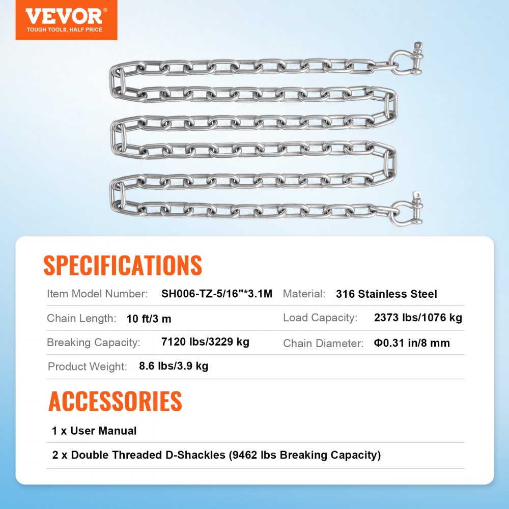 Cadena de ancla VEVOR, cadena de acero inoxidable 316 de 10 pies x 5/16 pulgadas, grillete de cadena de ancla de 3/8 pulgadas, carga de rotura de cadena de plomo de ancla de 7120 libras, carga de rotura de grillete de cadena de ancla de 9460 libras, cadena de ancla para barcos