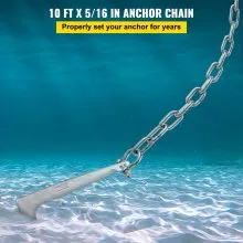 Cadena de ancla VEVOR, cadena de acero inoxidable 316 de 10 pies x 5/16 pulgadas, grillete de cadena de ancla de 3/8 pulgadas, carga de rotura de cadena de plomo de ancla de 7120 libras, carga de rotura de grillete de cadena de ancla de 9460 libras, cadena de ancla para barcos