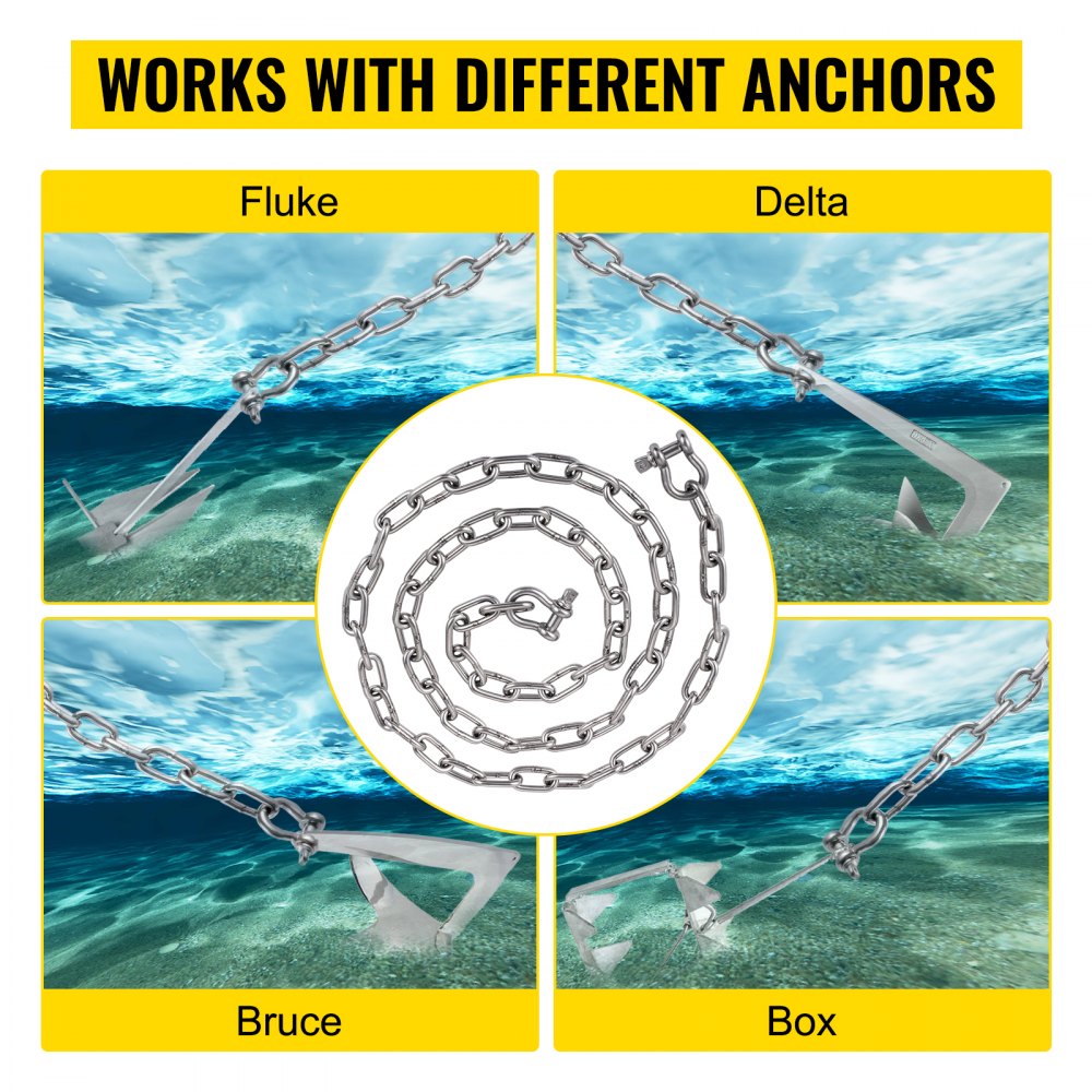 Cadena de ancla VEVOR adecuada para anclas Fluke, Delta, Bruce y de caja bajo el agua.