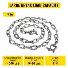 Cadena de ancla VEVOR, cadena de acero inoxidable 316 de 6' x 1/4", grillete de cadena de ancla de 3/8", carga de rotura de cadena de plomo de ancla de 4000 lbs, carga de rotura de grillete de cadena de ancla de 9460 lbs, cadena de ancla para barcos pequeños
