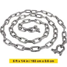 Cadena de ancla VEVOR, cadena de acero inoxidable 316 de 6' x 1/4", grillete de cadena de ancla de 3/8", carga de rotura de cadena de plomo de ancla de 4000 lbs, carga de rotura de grillete de cadena de ancla de 9460 lbs, cadena de ancla para barcos pequeños
