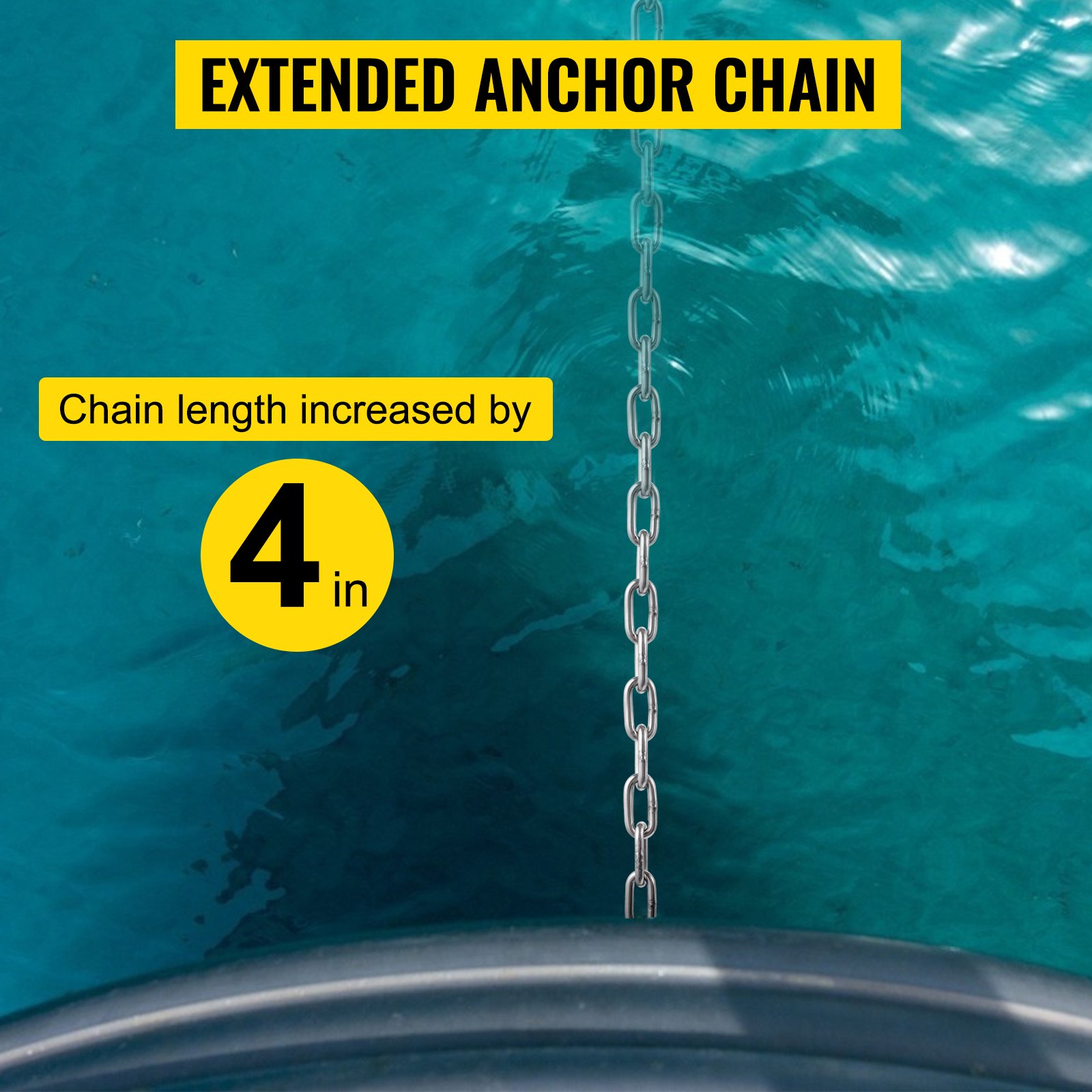 Cadena de ancla VEVOR en agua con longitud extendida de 4 pulgadas.