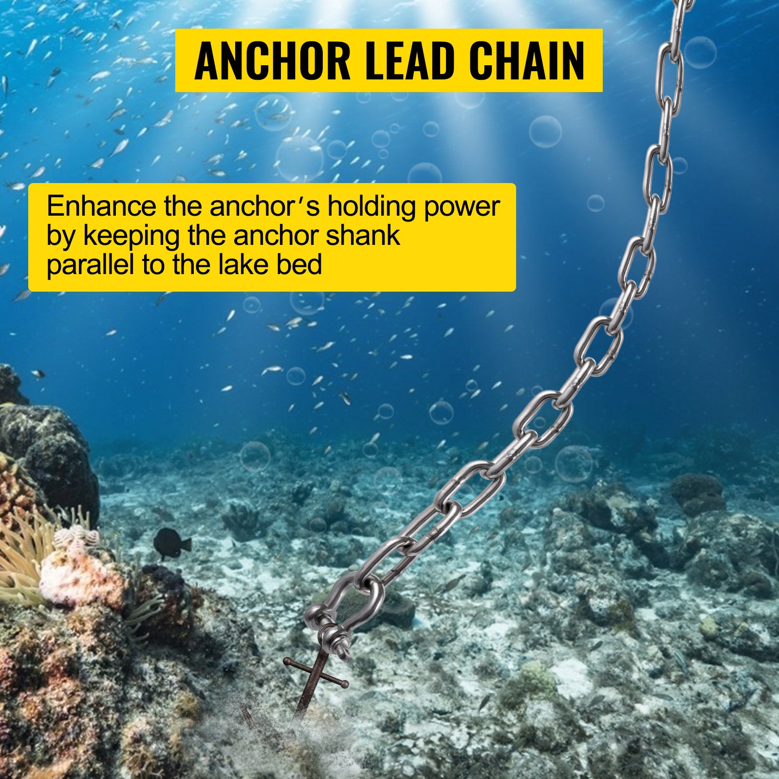 Cadena de ancla VEVOR bajo el agua, asegurando el ancla al fondo del lago entre peces y corales.