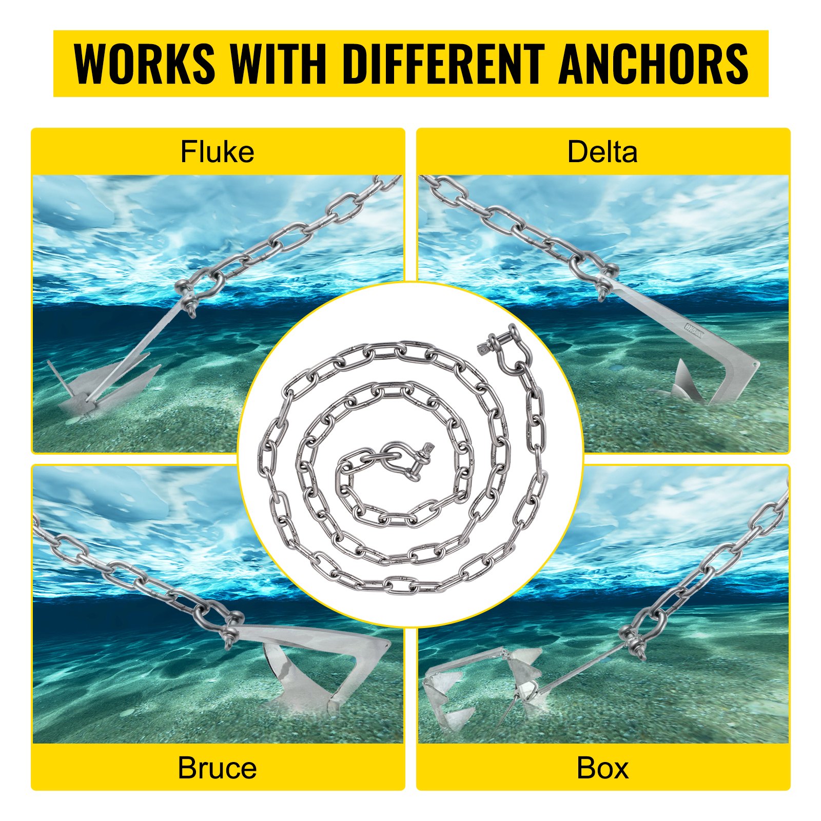 Cadena de ancla VEVOR adecuada para anclas Fluke, Delta, Bruce y de caja bajo el agua.
