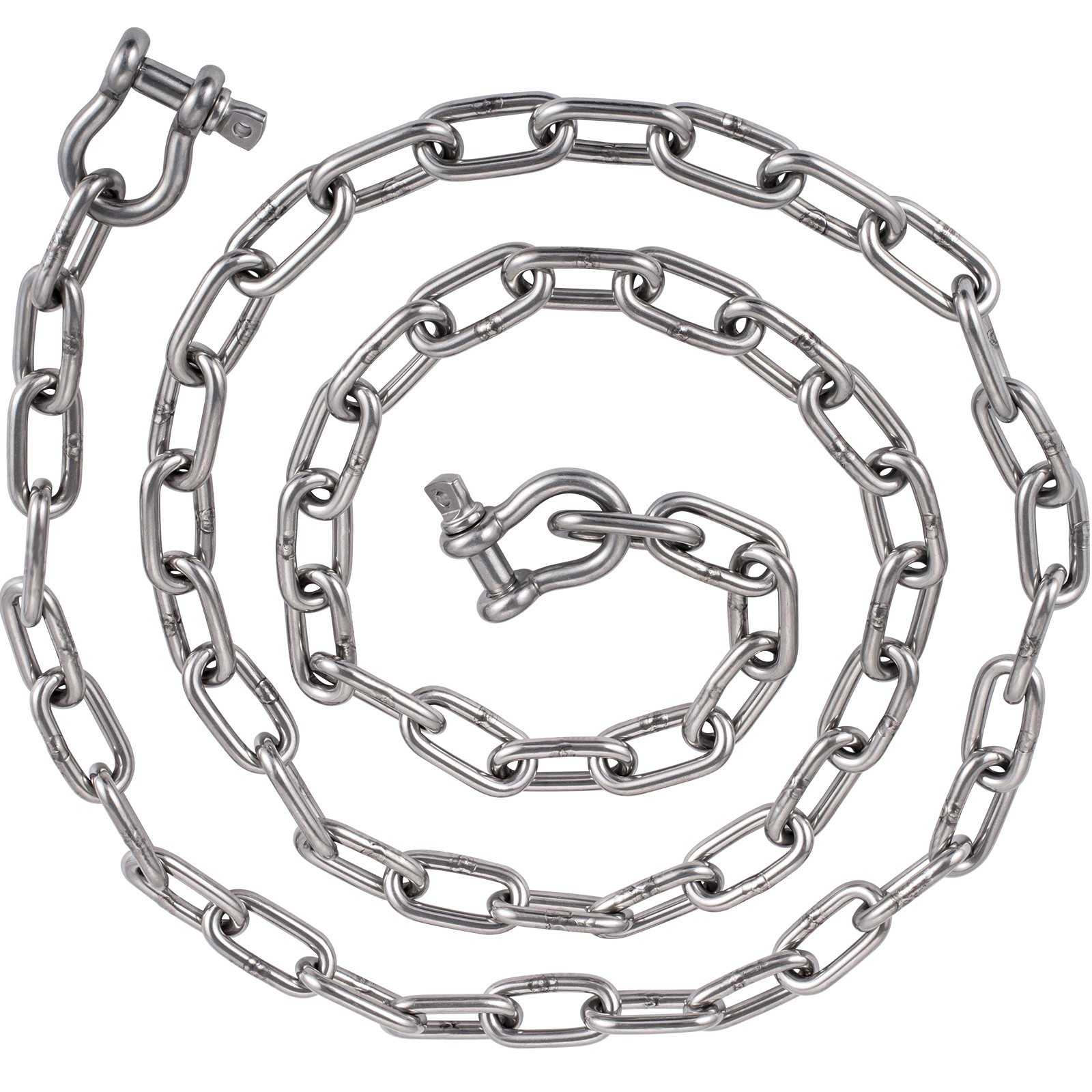 Cadena de ancla VEVOR en disposición espiral con dos grilletes unidos.