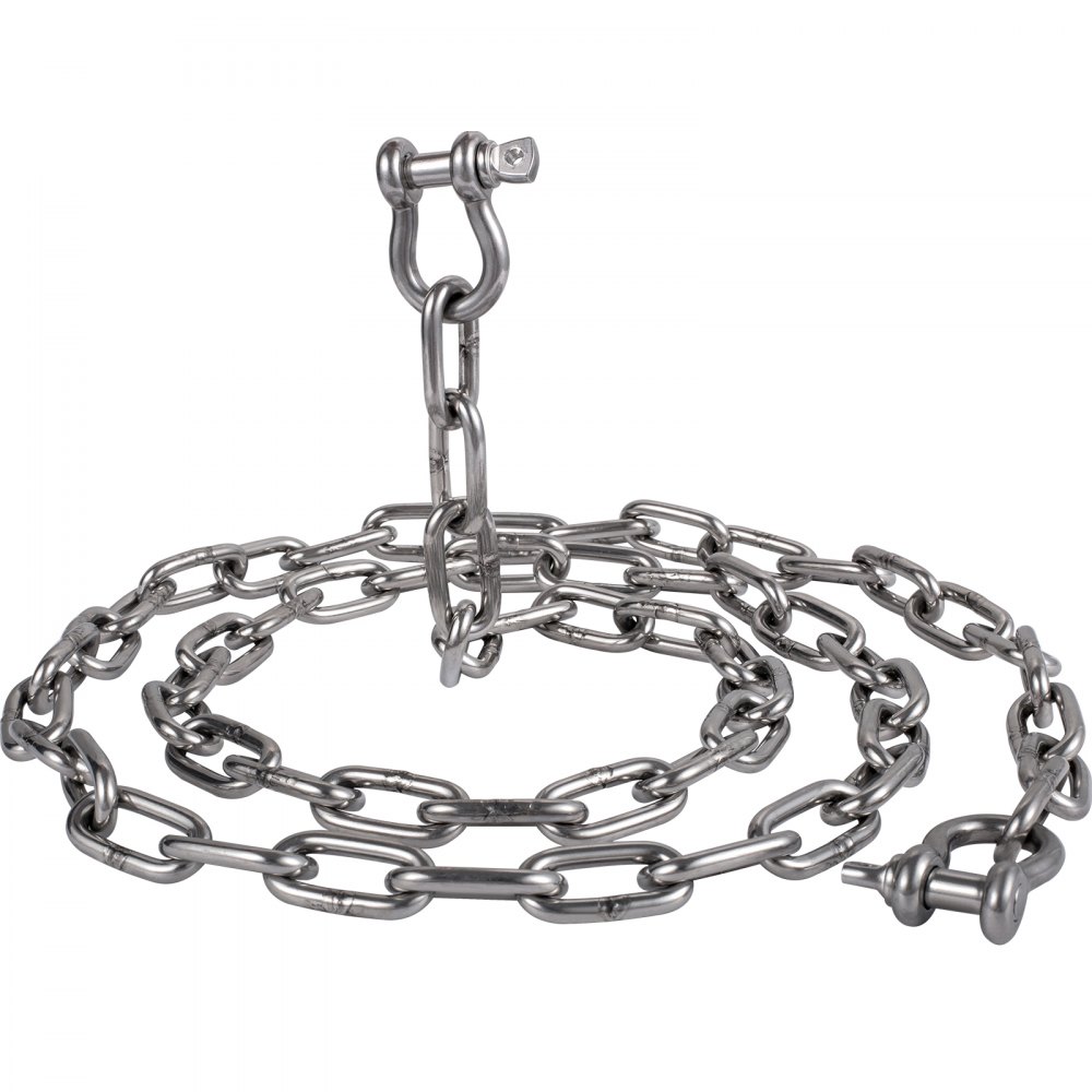 Cadena de ancla VEVOR de acero inoxidable enrollada con grillete adjunto, lista para usar.