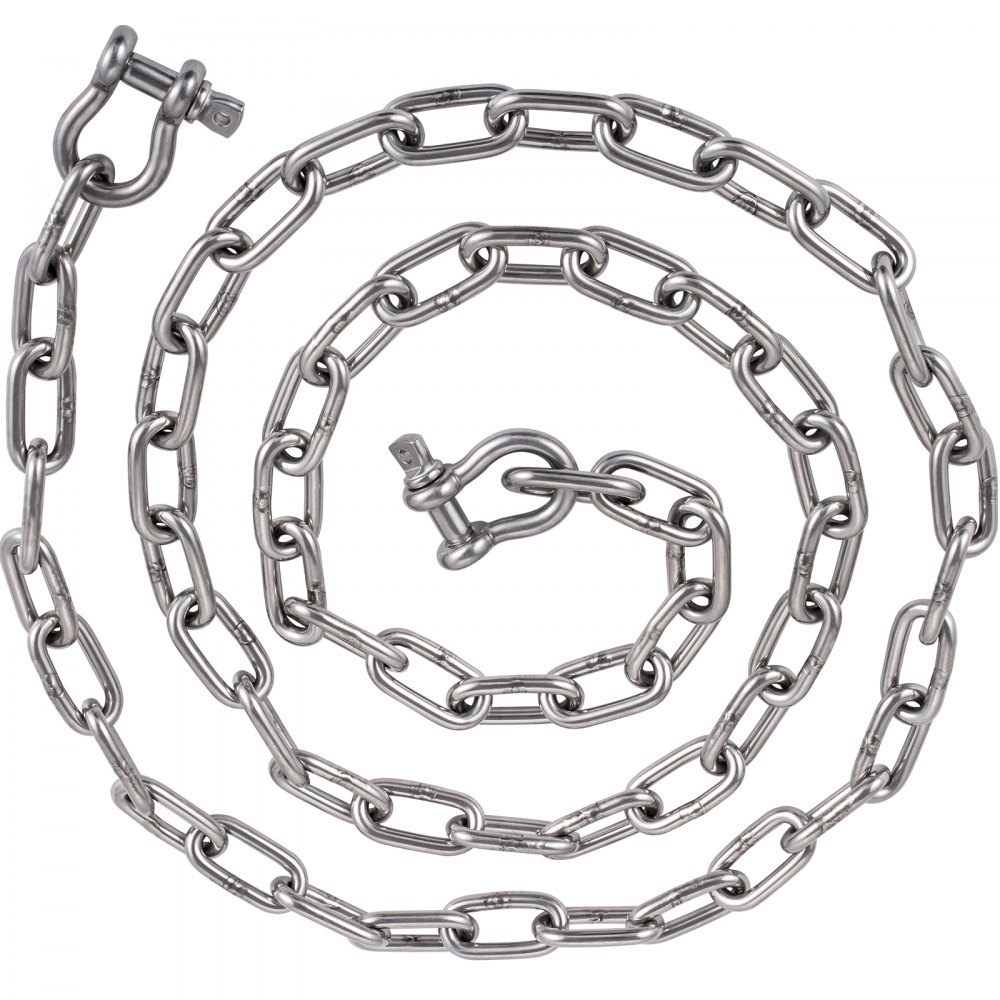 Cadena de ancla VEVOR de acero inoxidable enrollada con dos grilletes en D, aislada en blanco.