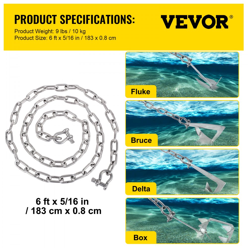 Cadena de ancla VEVOR que muestra diferentes tipos de anclas: fluke, bruce, delta y caja.