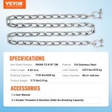 Cadena de ancla VEVOR, cadena de acero inoxidable 316 de 6' x 5/16", grillete de cadena de ancla de 3/8", carga de rotura de cadena de plomo de ancla de 7120 libras, carga de rotura de grillete de cadena de ancla de 9460 libras, cadena de ancla para barcos pequeños