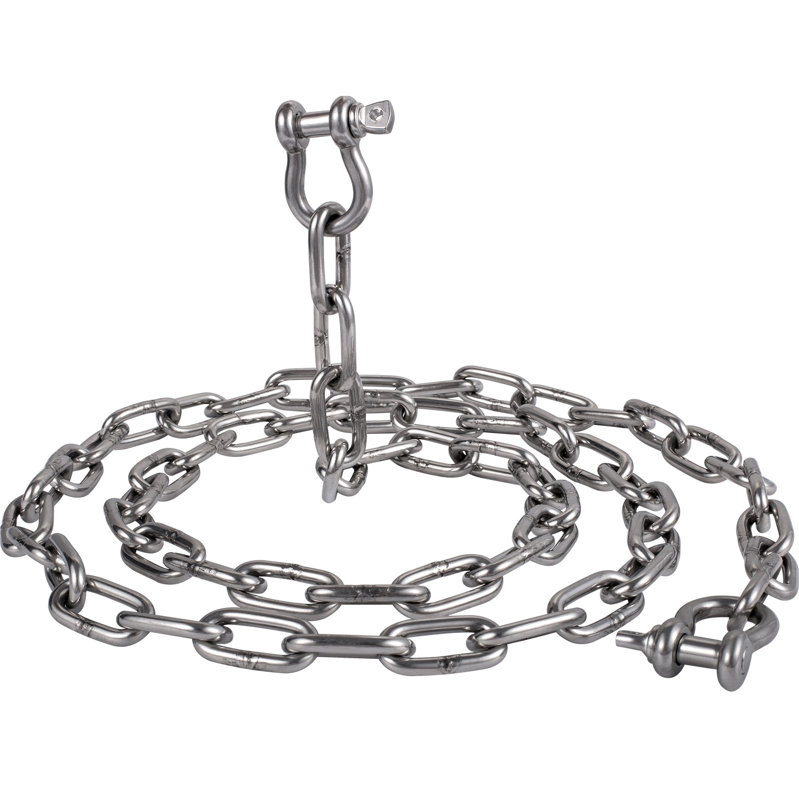 Cadena de ancla VEVOR de acero inoxidable enrollada con grillete adjunto, lista para usar.