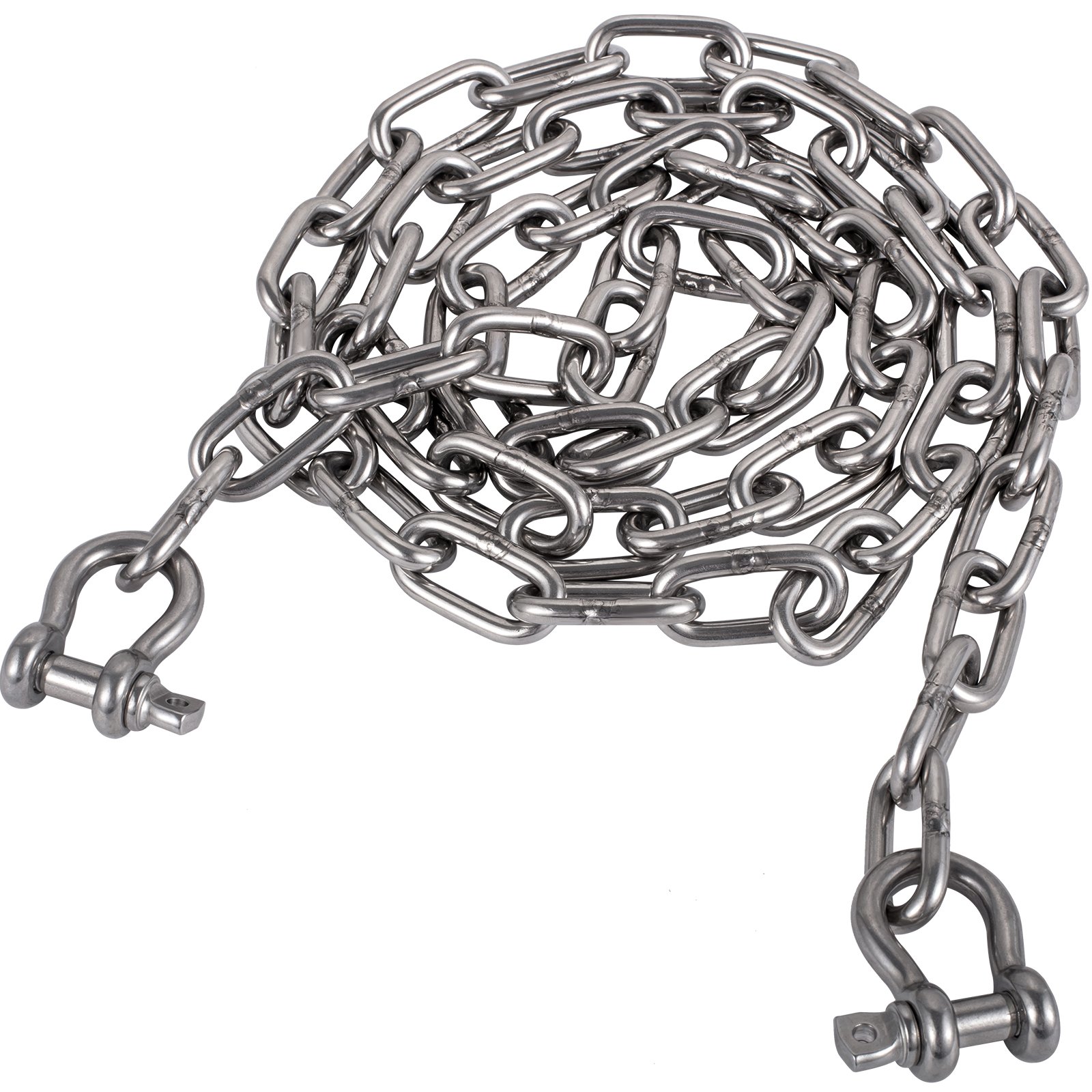 Cadena de ancla VEVOR de acero inoxidable enrollada con grillete adjunto para un amarre seguro.