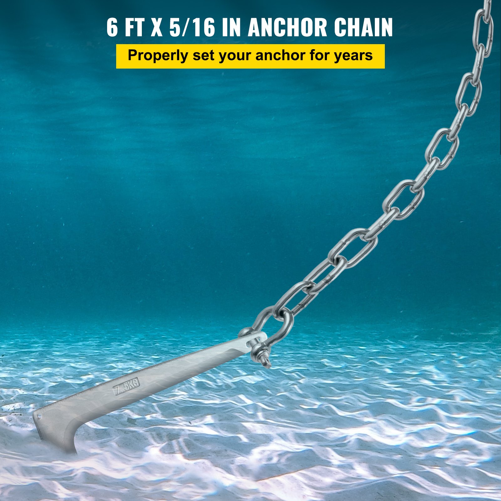 Cadena de ancla VEVOR bajo el agua, asegurando el ancla al fondo del océano.