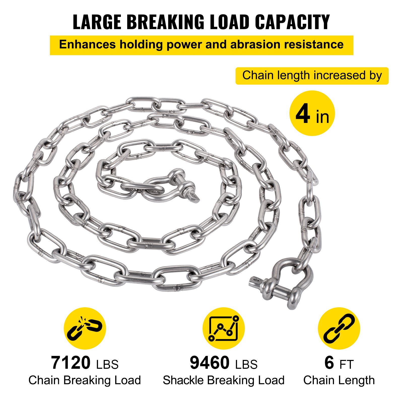 Cadena de ancla VEVOR con carga de cadena de 7120 lb, carga de grillete de 9460 lb y 6 pies de longitud.