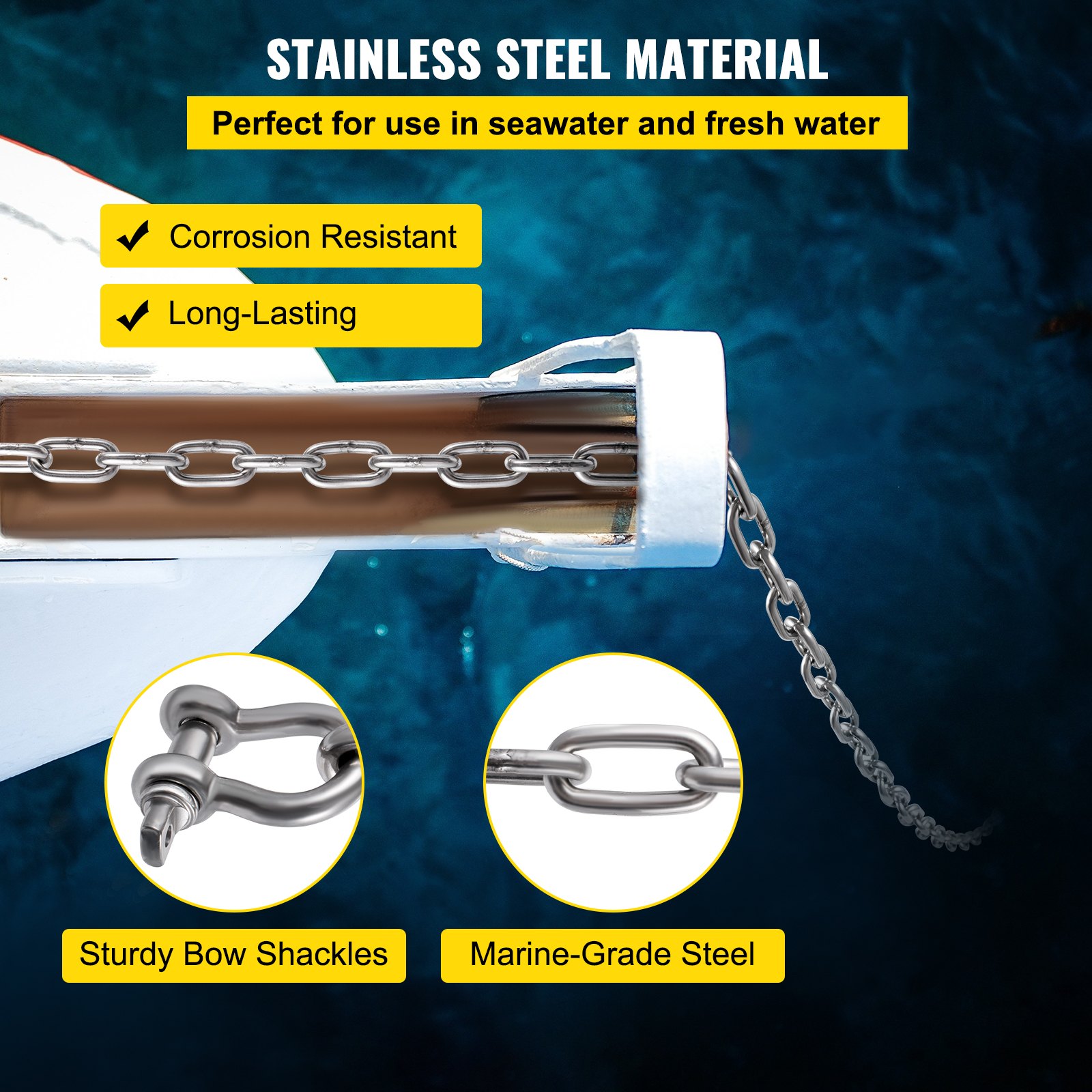 Cadena de ancla VEVOR fabricada en acero inoxidable resistente a la corrosión, ideal para uso en agua de mar.