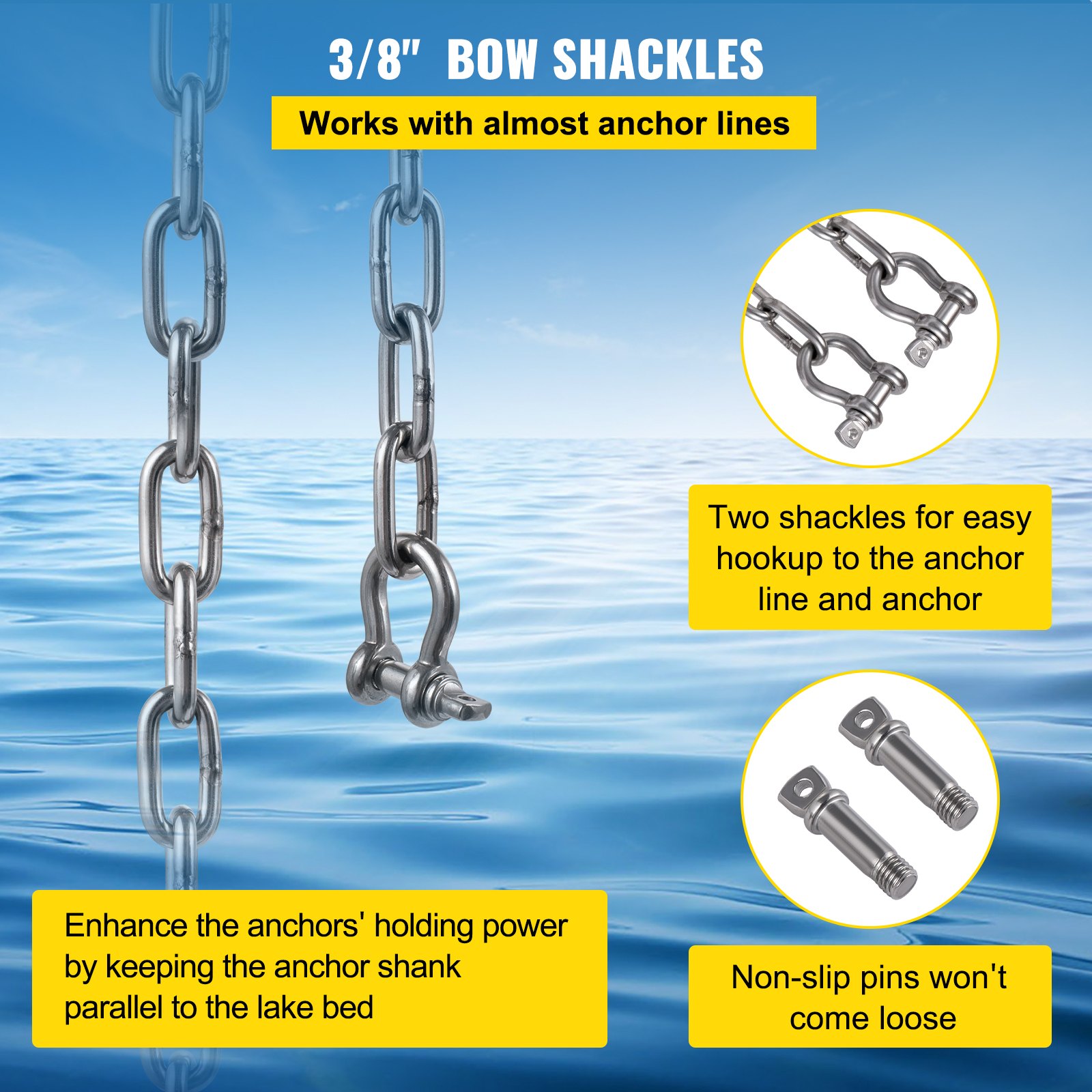 Grilletes de proa de 3/8&quot; con cadena de ancla VEVOR sobre un fondo de mar en calma.