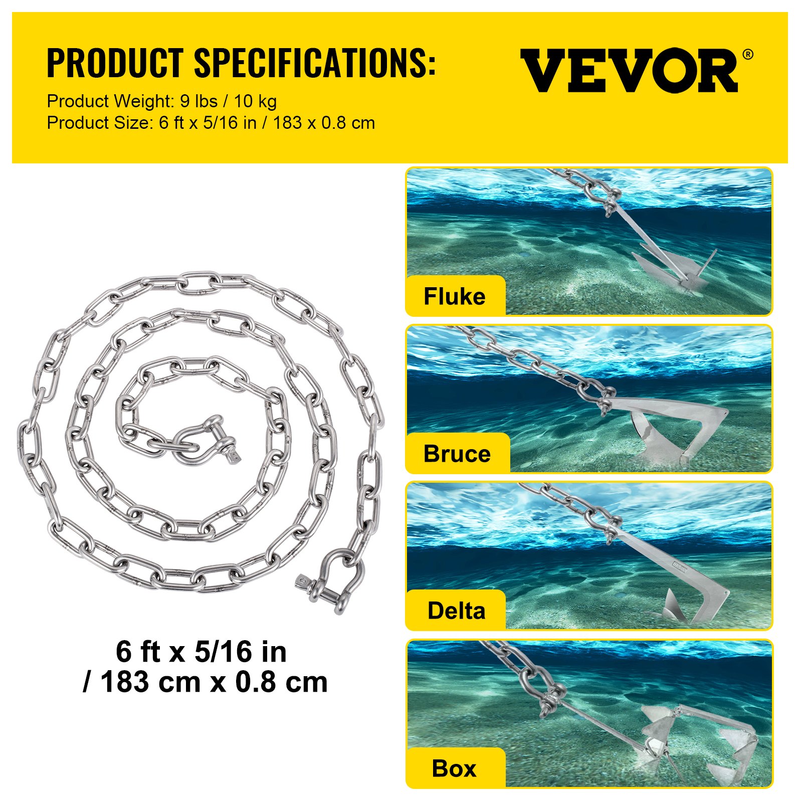 Cadena de ancla VEVOR que muestra diferentes tipos de anclas: fluke, bruce, delta y caja.