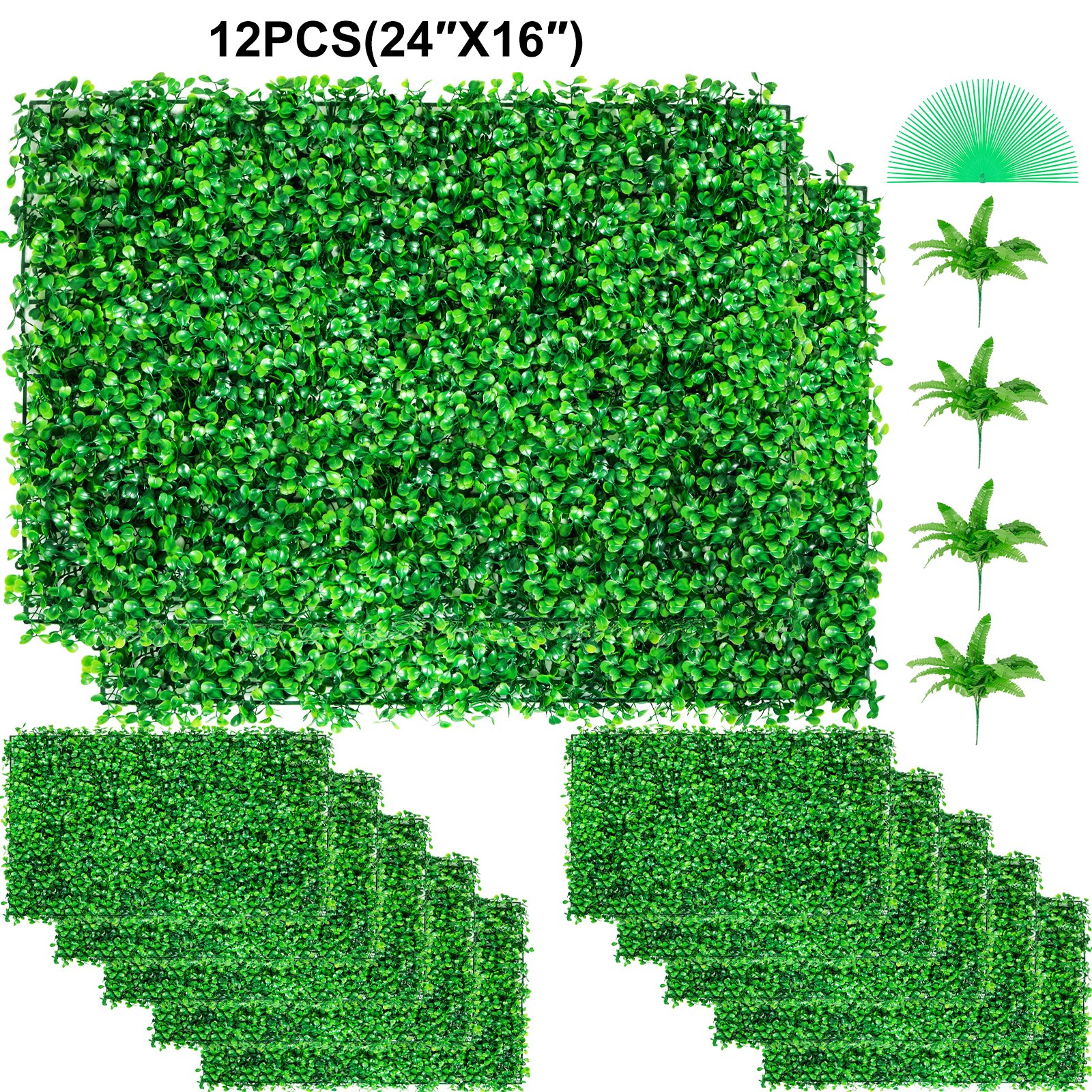 12 paneles de pared de césped VEVOR con follaje verde vibrante y plantas decorativas adicionales.