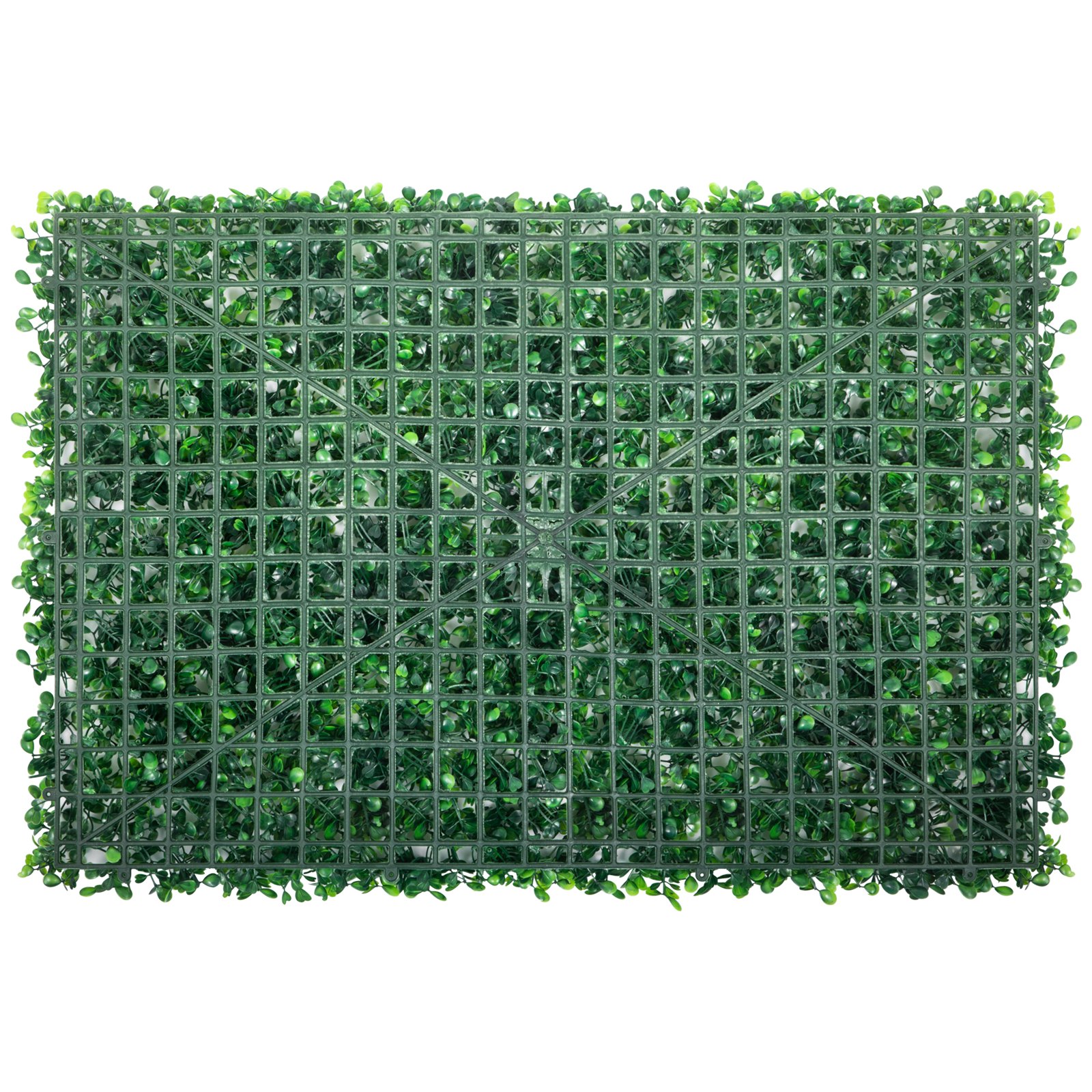 Panel de boj artificial VEVOR con hojas verdes y respaldo de rejilla.