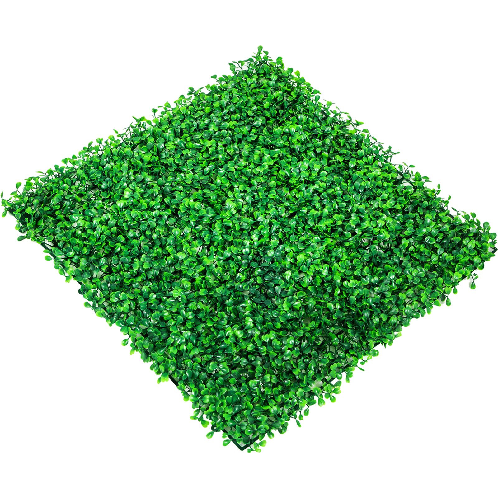 Panel de boj artificial verde VEVOR con hojas densas y vibrantes dispuestas sobre un panel cuadrado.