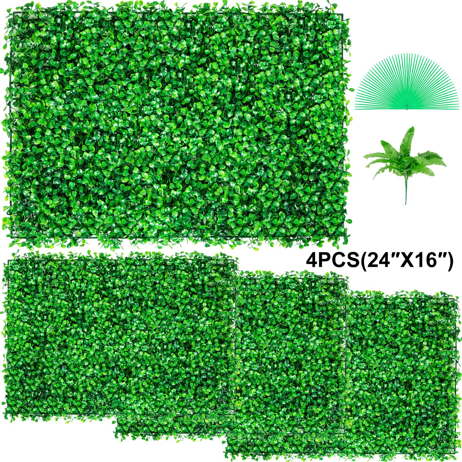 Panel de boj artificial VEVOR, 4 piezas (24&quot; x 16&quot;) con exuberantes hojas verdes y plantas decorativas.
