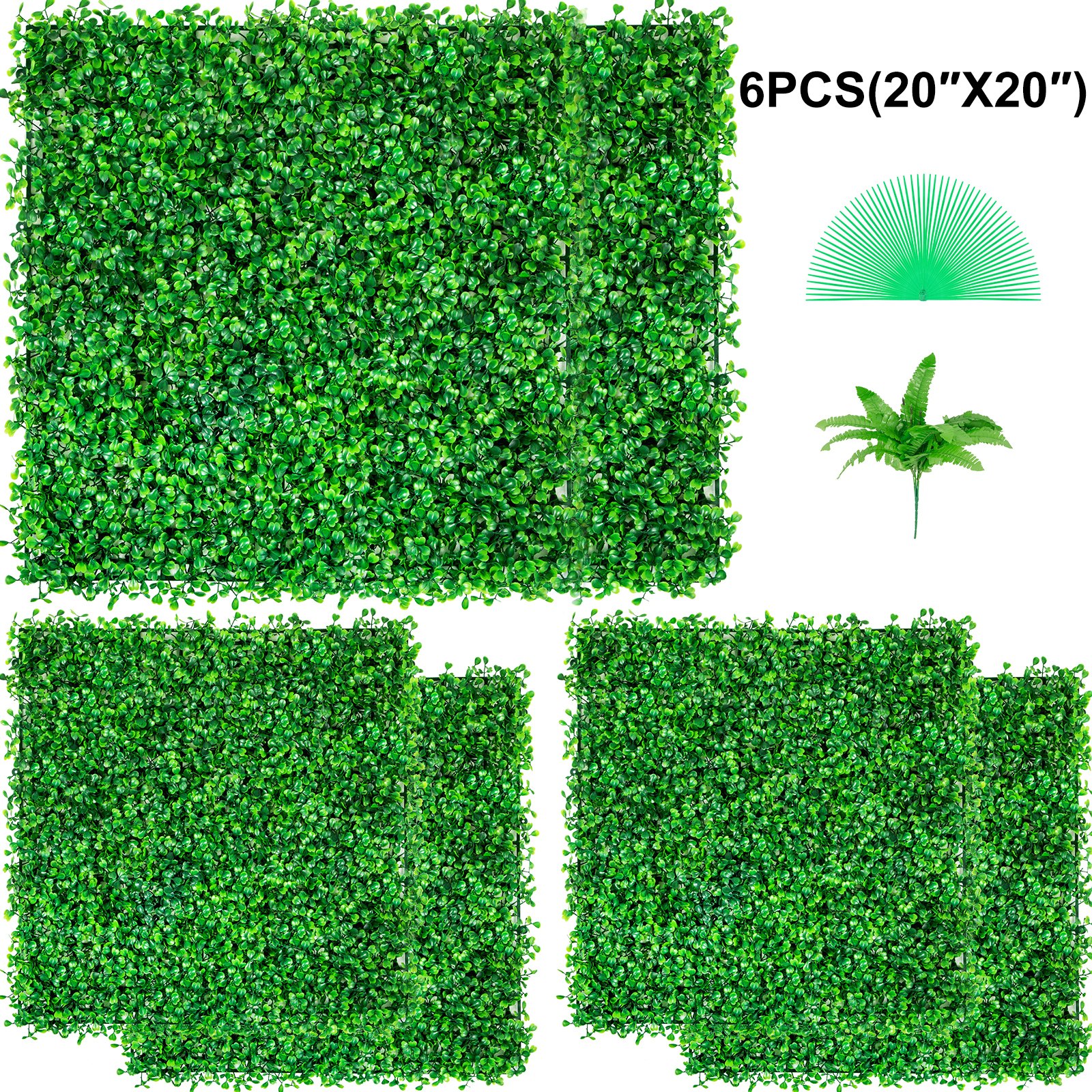 Panel de boj artificial VEVOR de 6 piezas (20&quot; x 20&quot;) con plantas decorativas.