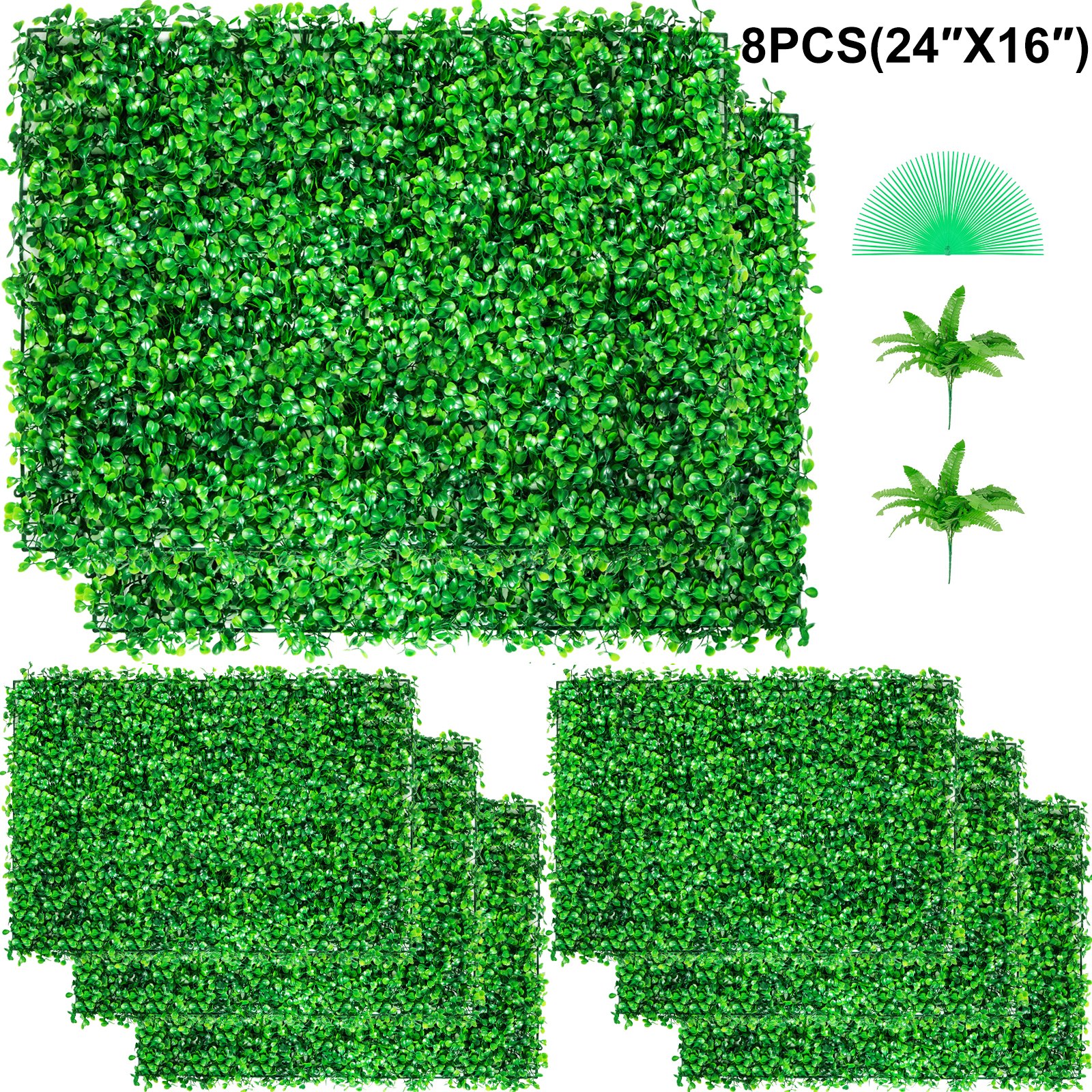 Panel de boj artificial VEVOR, 8 piezas (24&quot; x 16&quot;), follaje verde surtido.