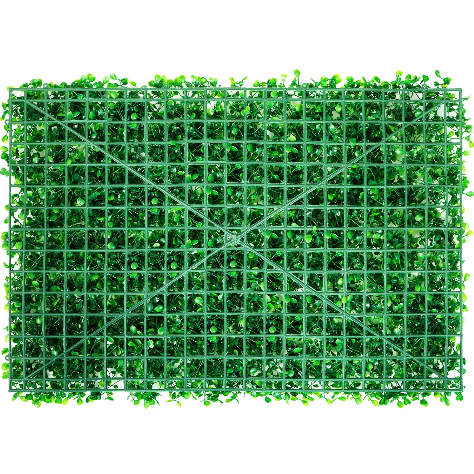 Panel de boj artificial VEVOR verde con hojas densas sobre una rejilla de plástico.