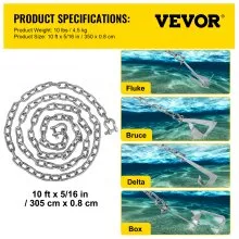 Cadena de ancla VEVOR, cadena de acero galvanizado de 10' x 5/16", grillete de cadena de ancla de 3/8", carga de rotura de cadena de plomo de ancla de 11650 libras, carga de rotura de grillete de cadena de ancla de 9460 libras, cadena de ancla para barcos, barcos