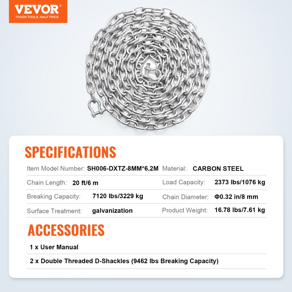 Cadena de ancla para barco VEVOR, 5/16" x 20', 2373 lb WLL/7120 lb BS, cadena de ancla de acero galvanizado de grado marino con grilletes de doble anilla de seguridad para barcos, cubierta, pesca. Compatible con diferentes anclas.