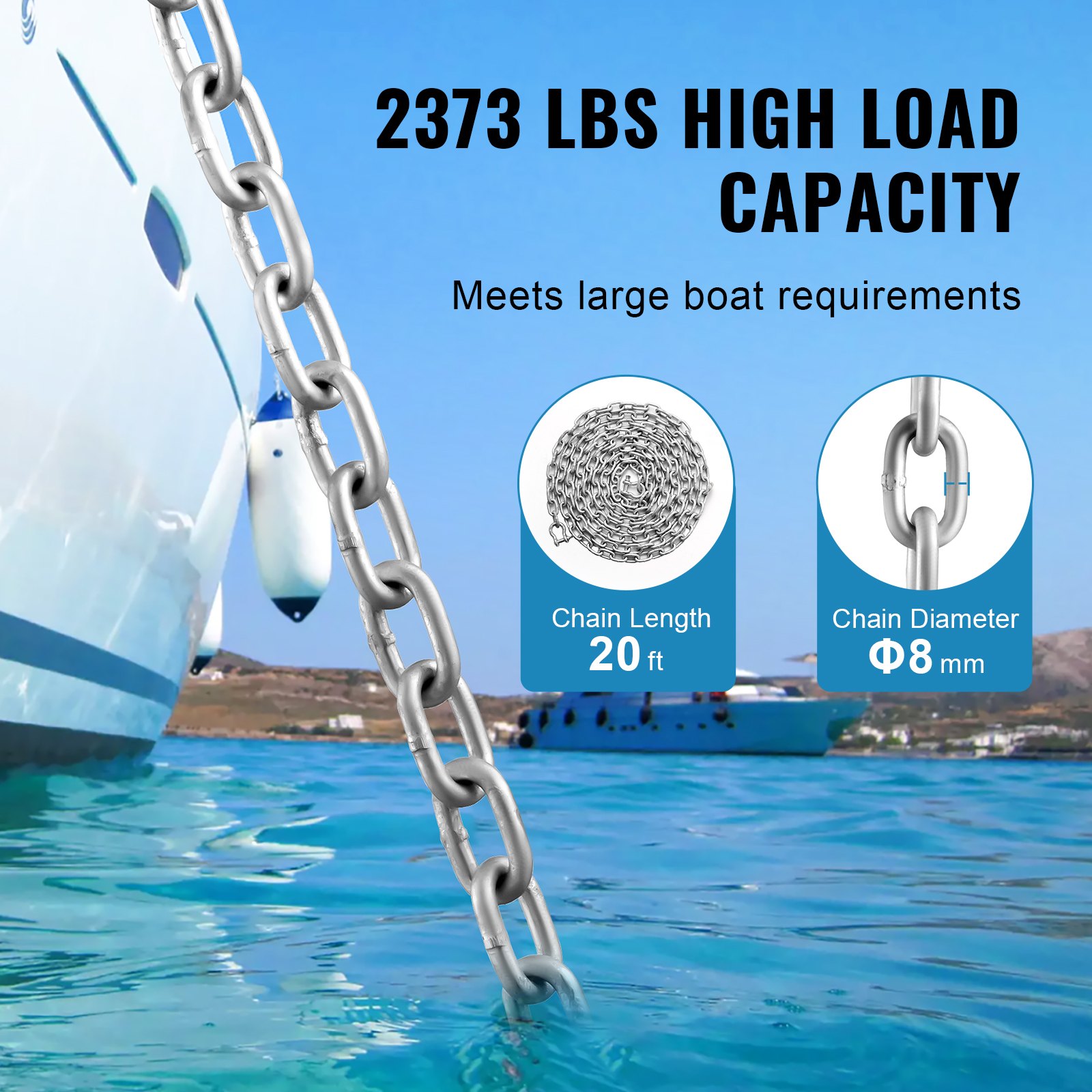 Cadena de ancla para barco VEVOR, 5/16" x 20', 2373 lb WLL/7120 lb BS, cadena de ancla de acero galvanizado de grado marino con grilletes de doble anilla de seguridad para barcos, cubierta, pesca. Compatible con diferentes anclas.