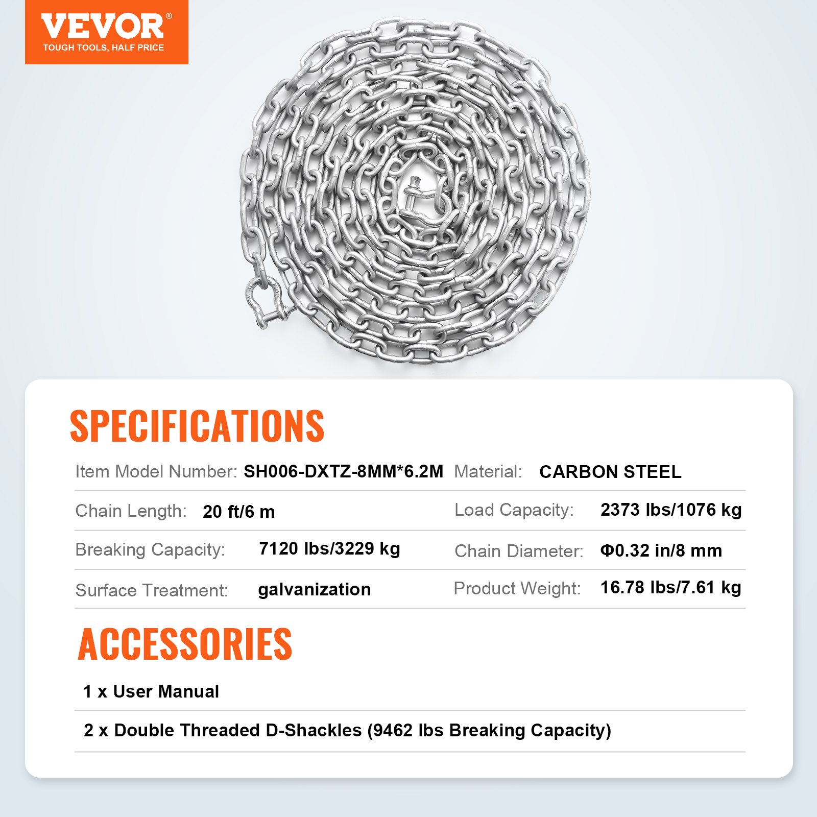 Cadena de ancla para barco VEVOR, 5/16" x 20', 2373 lb WLL/7120 lb BS, cadena de ancla de acero galvanizado de grado marino con grilletes de doble anilla de seguridad para barcos, cubierta, pesca. Compatible con diferentes anclas.