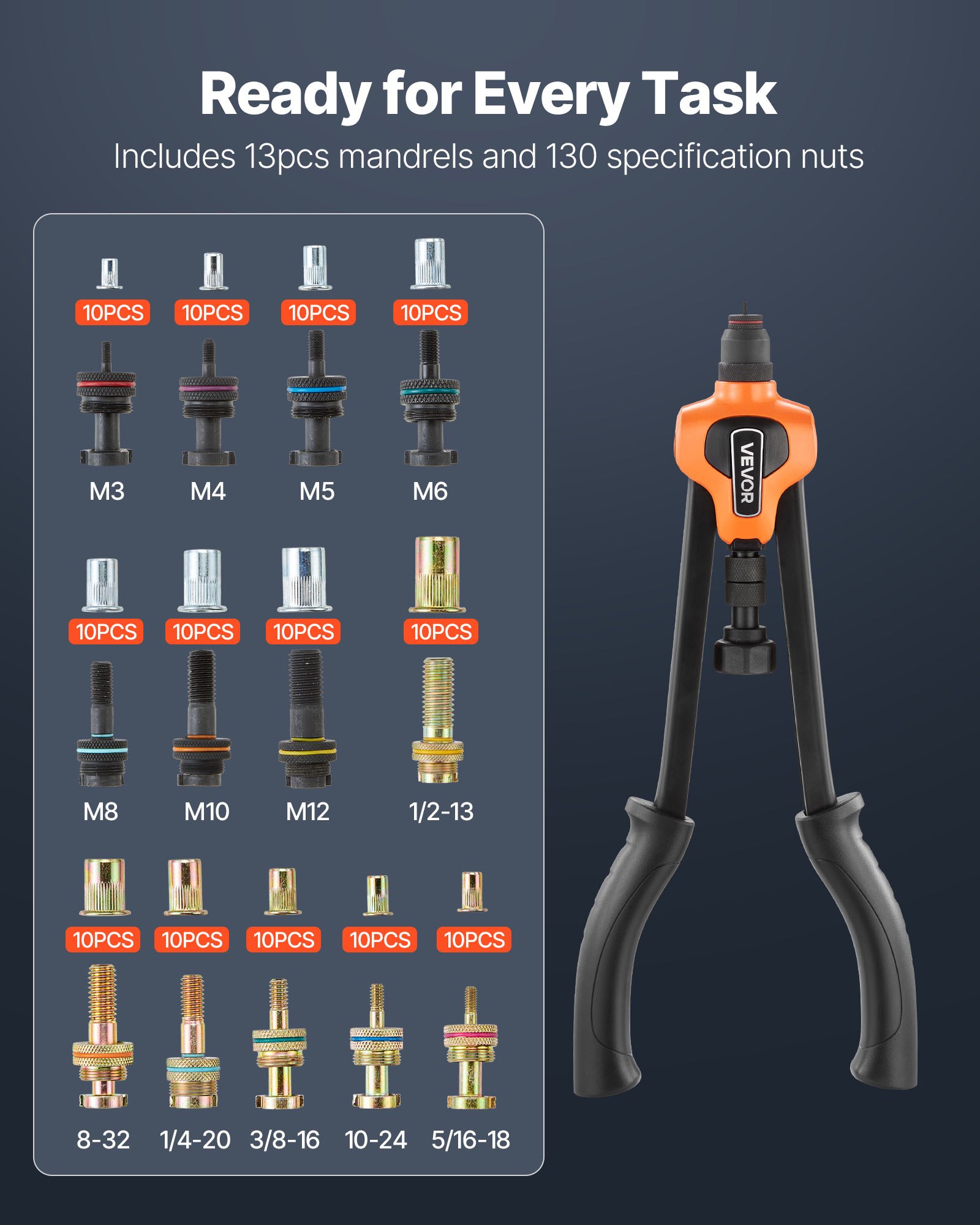 Kit de herramientas para tuercas remachables VEVOR de 17 pulgadas, con 13 mandriles y 130 tuercas, medidas métricas y SAE: M3, M4, M5, M6, M8, M10, M12, 1/2-13, 8-32, 10-24, 1/4-20, 5/16-18, 3/8-16 UNC, y estuche de transporte.