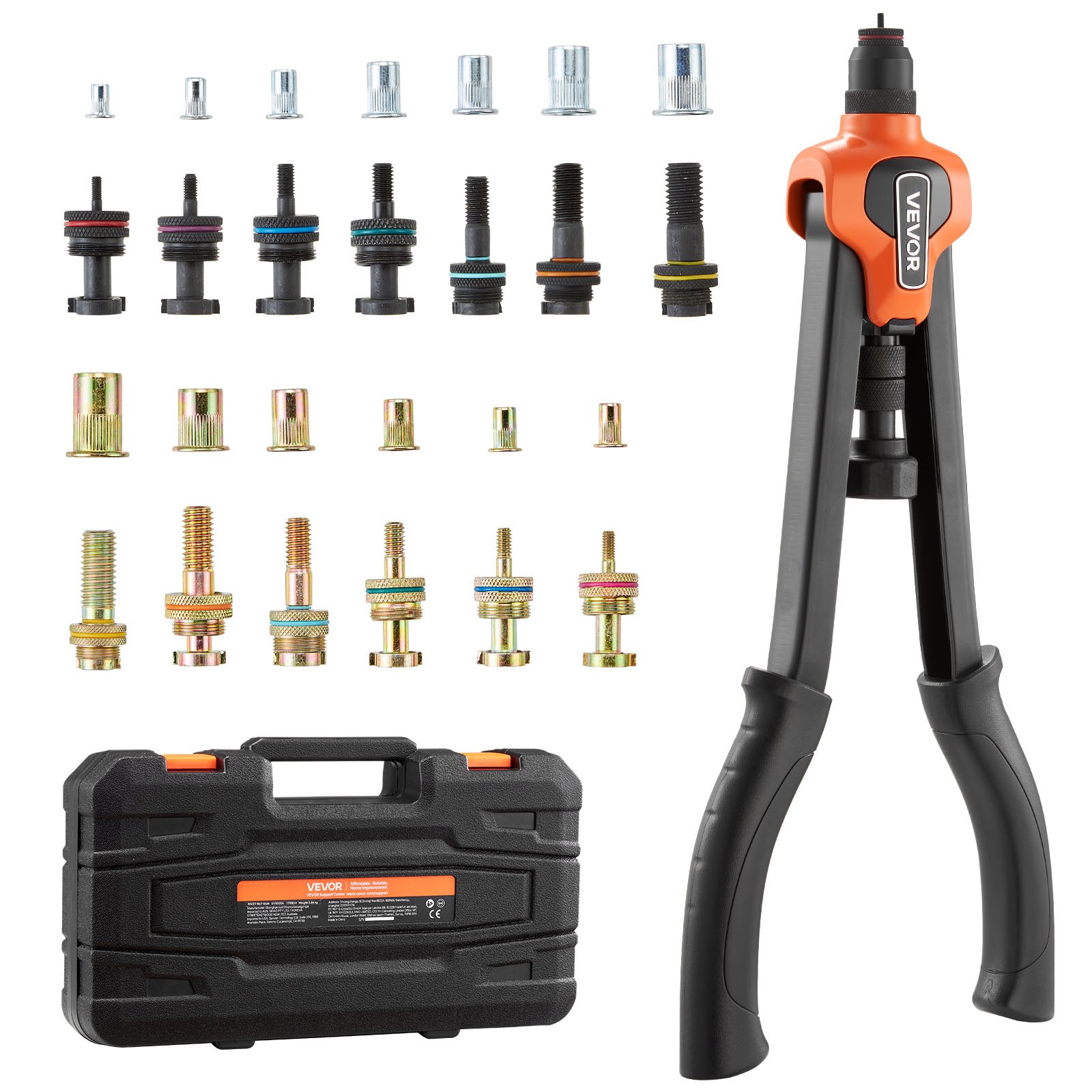 Kit de herramientas para tuercas remachables VEVOR de 17 pulgadas, con 13 mandriles y 130 tuercas, medidas métricas y SAE: M3, M4, M5, M6, M8, M10, M12, 1/2-13, 8-32, 10-24, 1/4-20, 5/16-18, 3/8-16 UNC, y estuche de transporte.