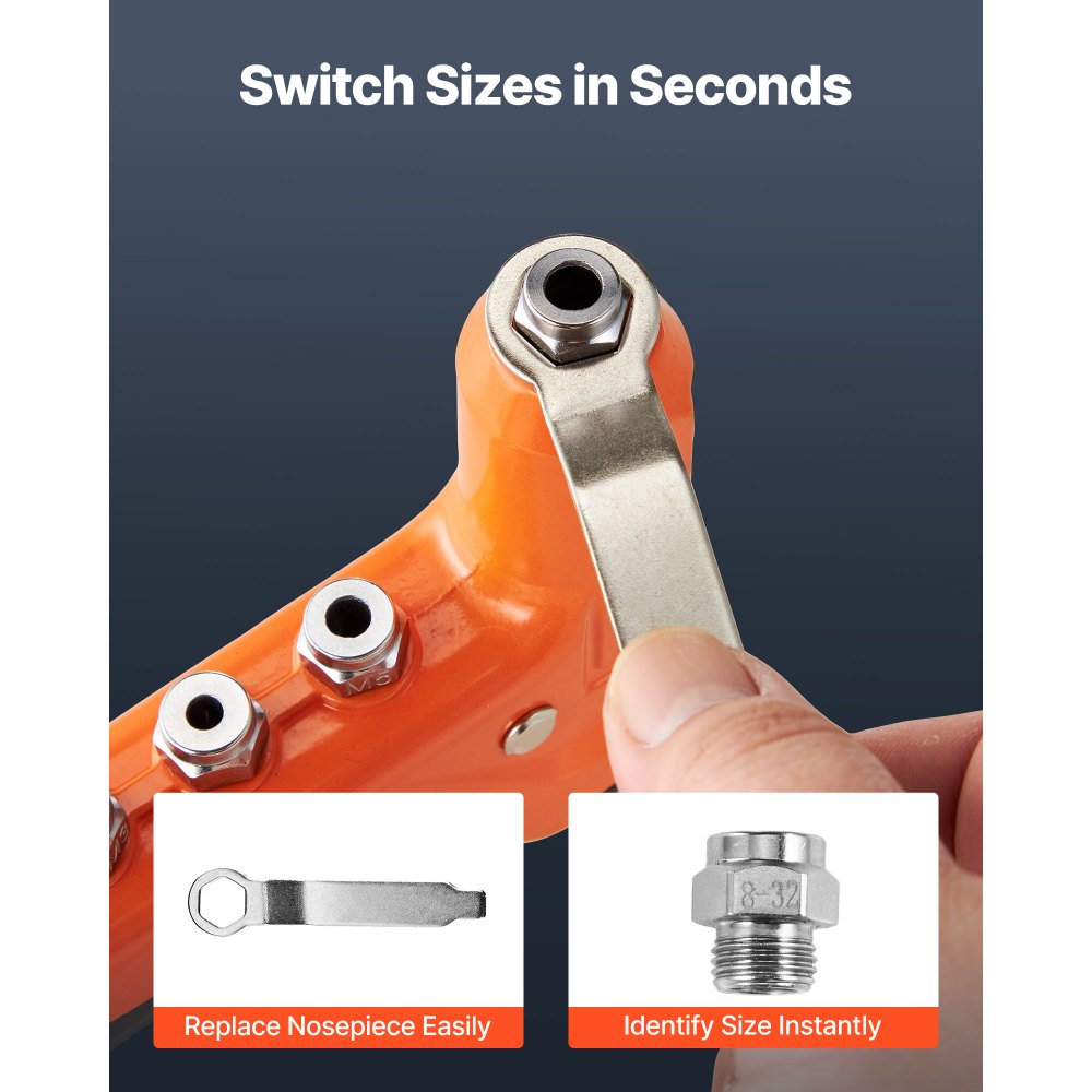 Kit de herramientas para tuercas remachables VEVOR de 9 pulgadas, con una sola mano, con 8 mandriles, broca escalonada y 80 tuercas, medidas métricas y SAE: M3, M4, M5, M6, 6-32, 8-32, 10-24, 1/4-20 UNC, con estuche de transporte.