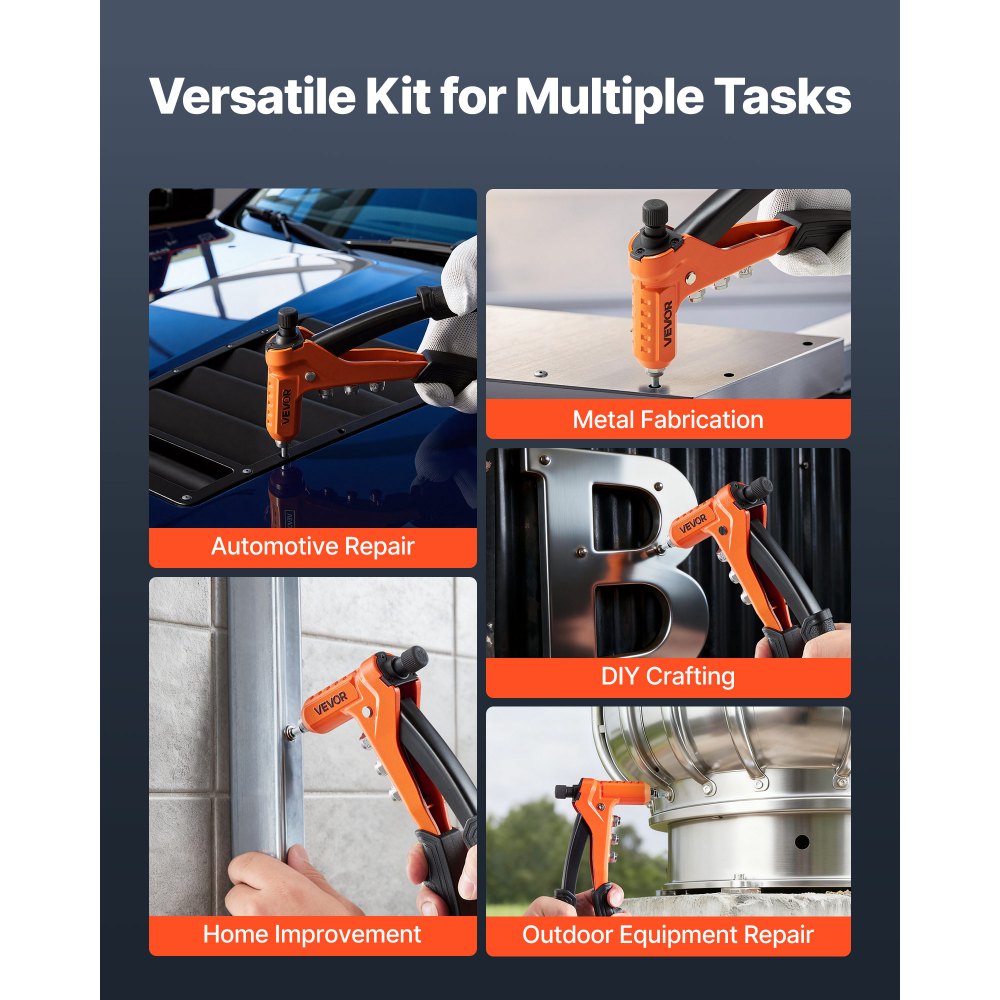 Kit de herramientas para tuercas remachables VEVOR de 9 pulgadas, con una sola mano, con 8 mandriles, broca escalonada y 80 tuercas, medidas métricas y SAE: M3, M4, M5, M6, 6-32, 8-32, 10-24, 1/4-20 UNC, con estuche de transporte.