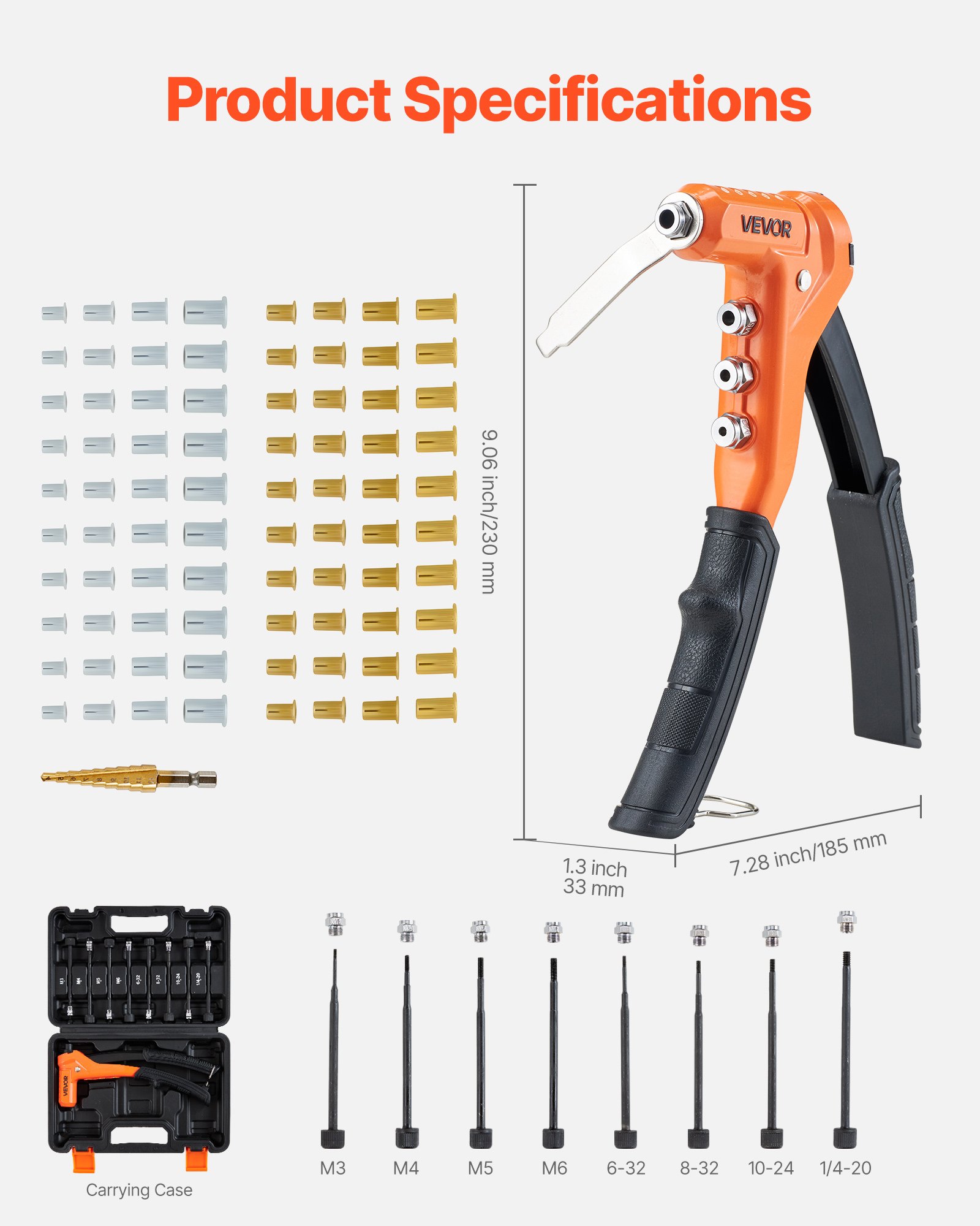 Kit de herramientas para tuercas remachables VEVOR de 9 pulgadas, con una sola mano, con 8 mandriles, broca escalonada y 80 tuercas, medidas métricas y SAE: M3, M4, M5, M6, 6-32, 8-32, 10-24, 1/4-20 UNC, con estuche de transporte.