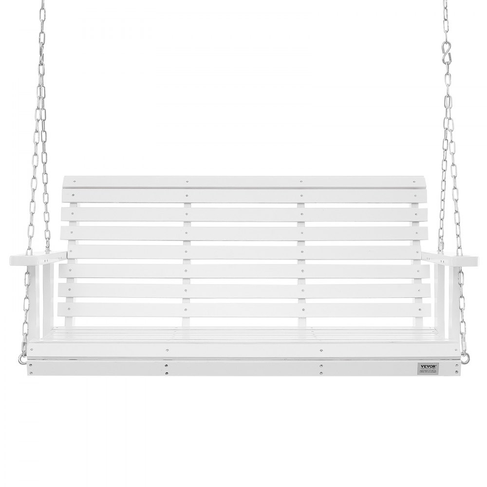 Columpio de porche de madera VEVOR blanco con cadenas, respaldo y asiento de listones.