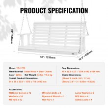 VEVOR Columpio de madera para porche de 4.5 pies, columpio de banco para patio y jardín, capacidad de carga fuerte mejorada de 880 libras, banco de silla columpio resistente con cadenas colgantes para exteriores, blanco