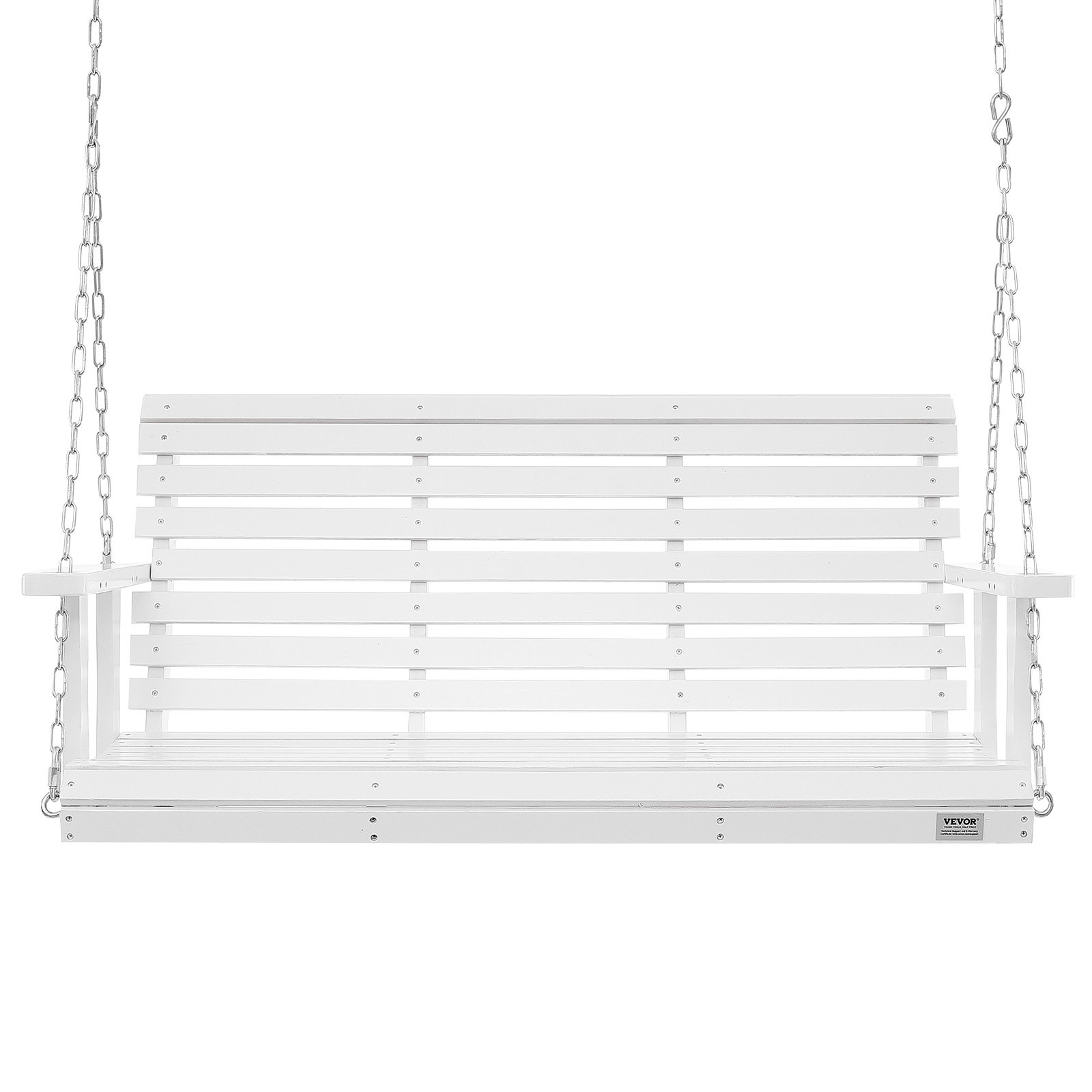 Columpio de porche de madera VEVOR blanco con cadenas, respaldo y asiento de listones.