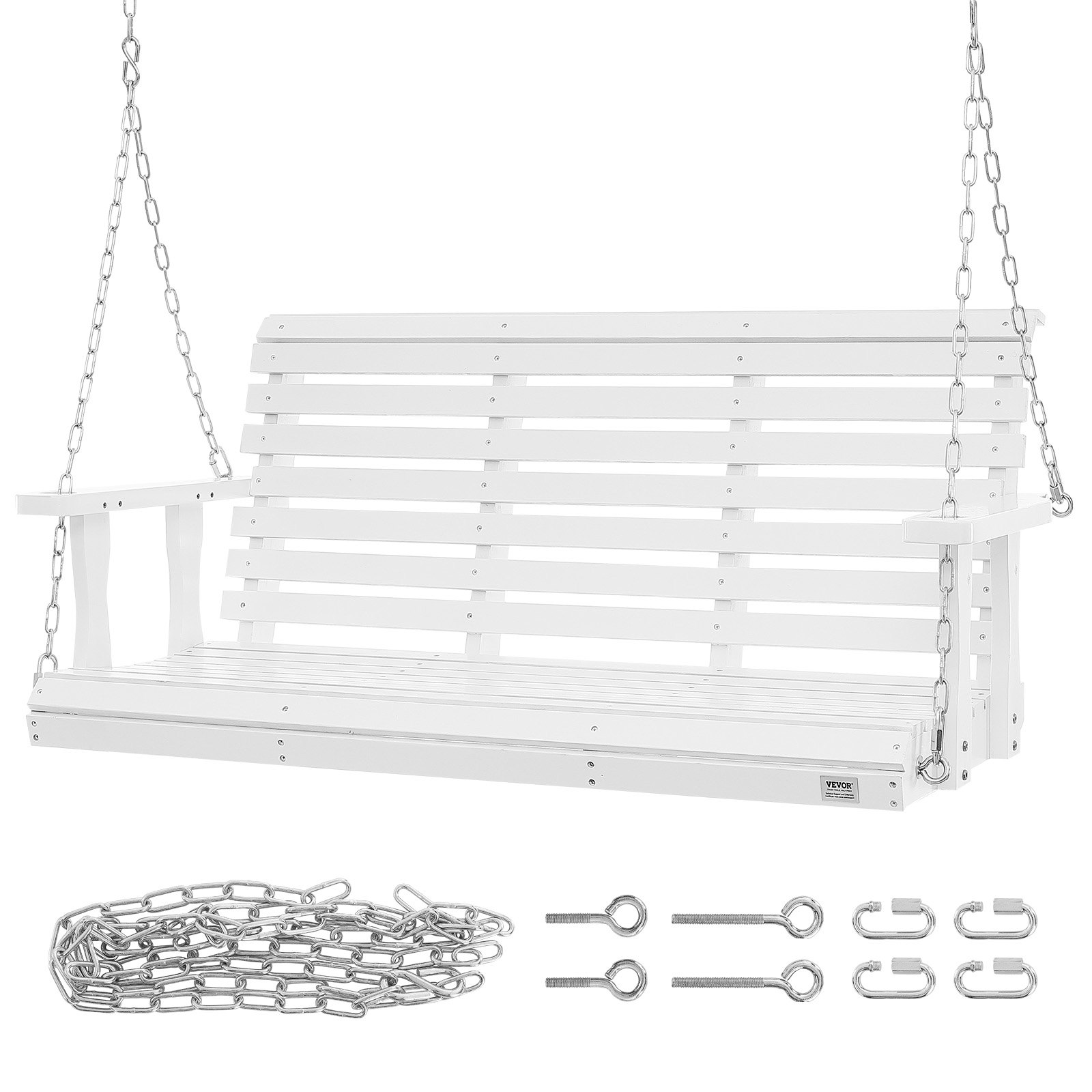 Columpio de porche de madera VEVOR blanco con cadenas de metal y herrajes para colgar al aire libre.