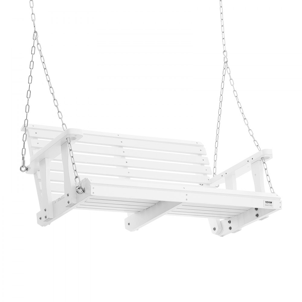 Columpio de porche de madera VEVOR blanco con reposabrazos y cadenas sobre un fondo blanco.