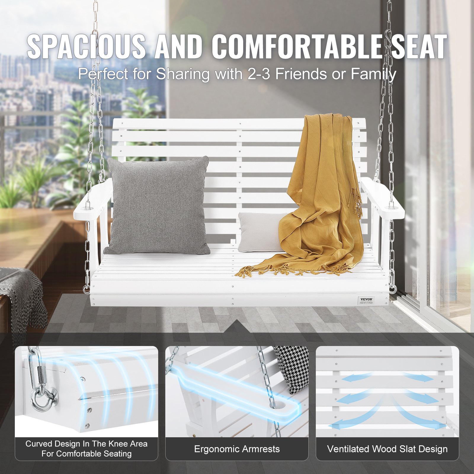 Columpio de porche de madera VEVOR con reposabrazos ergonómicos, diseño de asiento curvo y construcción de listones de madera ventilados.