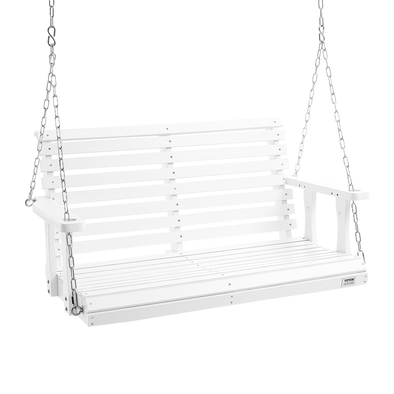 Columpio de porche de madera VEVOR blanco colgante con cadenas de metal.