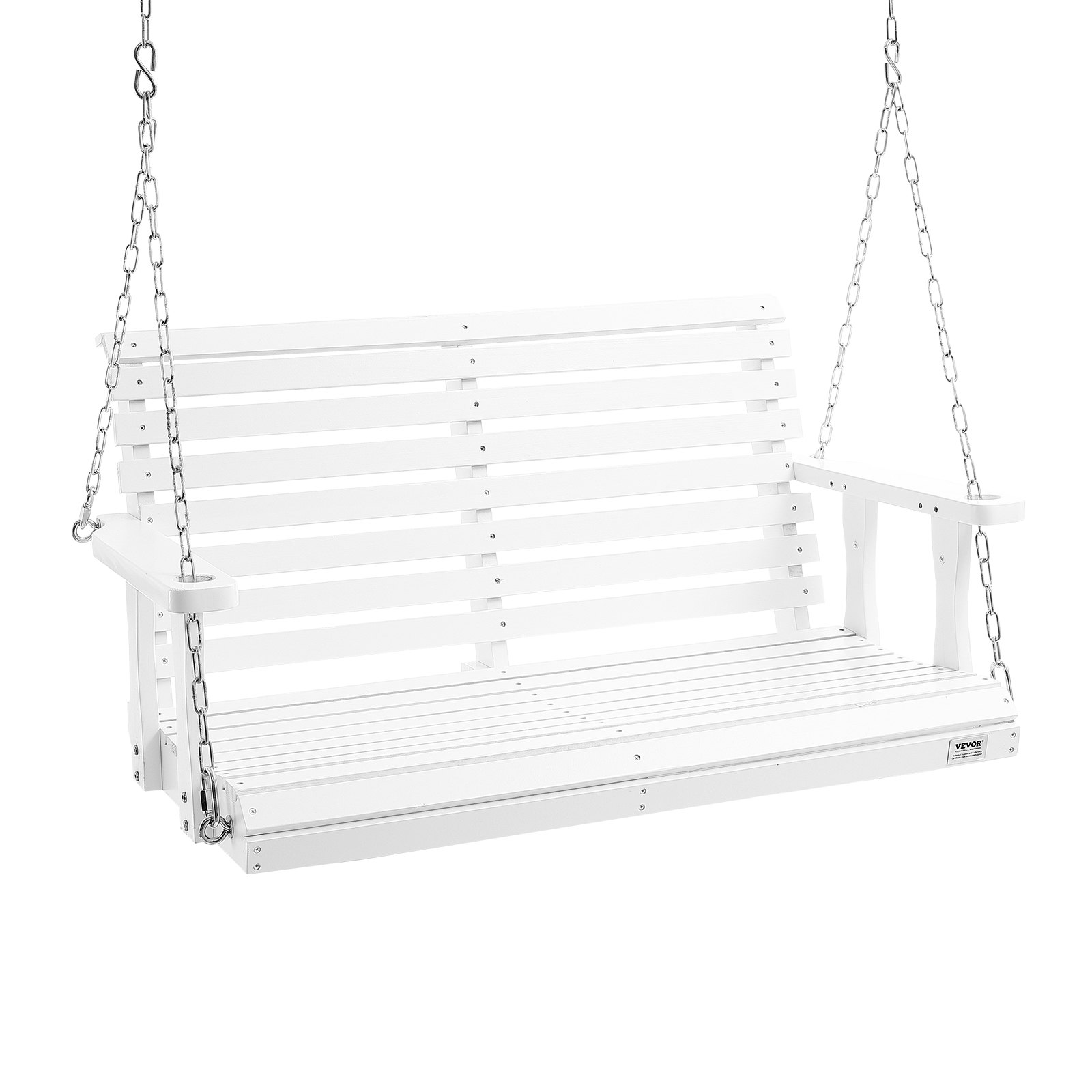 Columpio de porche de madera VEVOR blanco con cadenas para colgar, respaldo y asiento de listones.