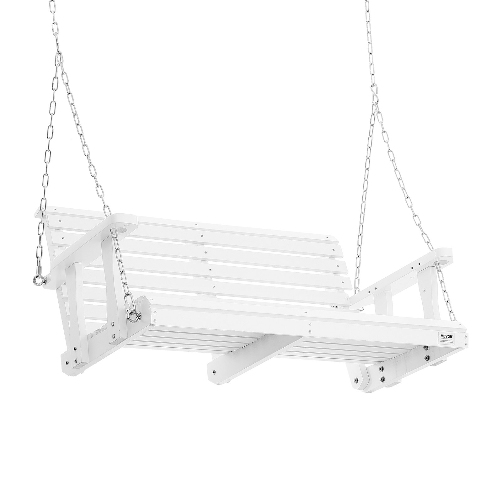 Columpio de porche de madera VEVOR blanco con reposabrazos y cadenas sobre un fondo blanco.